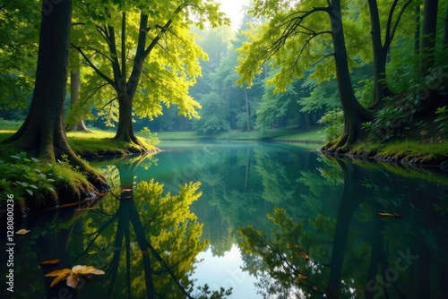 A forest floor scene reflected perfectly in a tranquil lake, peaceful, reflection