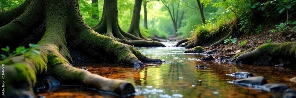 Ancient tree roots exposed in a shallow stream, , forest Ancient tree roots exposed in a shallow stream, , forest