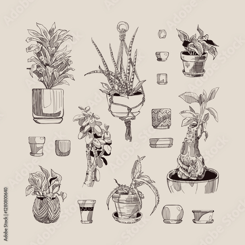 A set of careless sketches of potted plants.