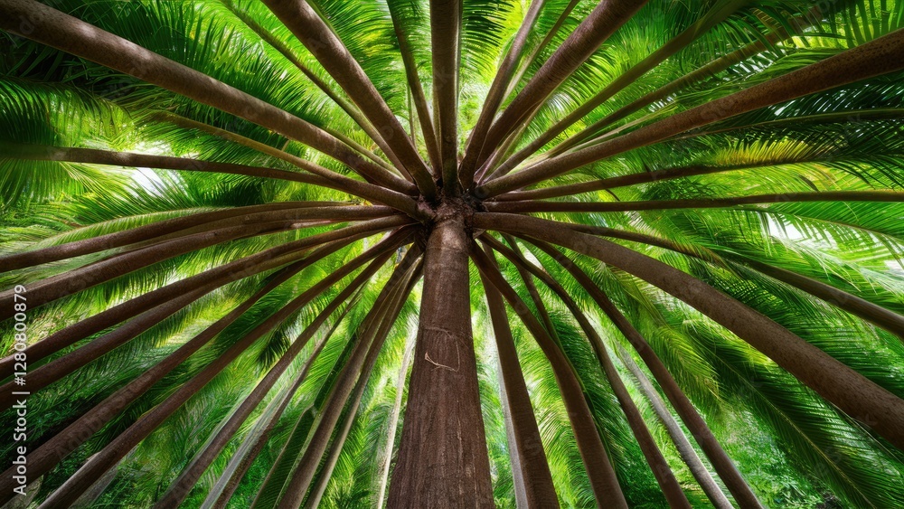 Obraz premium Majestic tropical palm trees viewed from below with a radial arrangement of green fronds and a textured brown trunk against a vibrant background