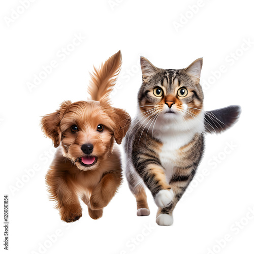 Wallpaper Mural Cat and a dog running and playing together, friendship animals isolated on white background Torontodigital.ca