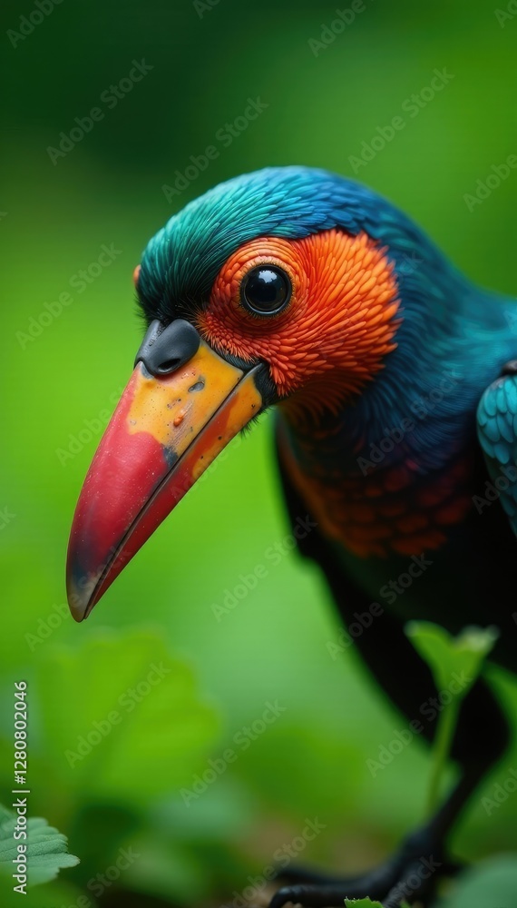 Beak and tongue probing for insects in vegetation, wildlife, insectivore Beak and tongue probing for insects in vegetation, wildlife, insectivore