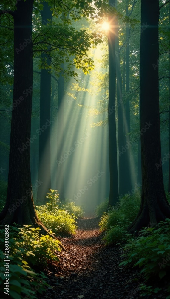 Obraz premium Dark forest with sunbeams piercing through the trees, casting dappled shadows, sunlight filtering, foliage