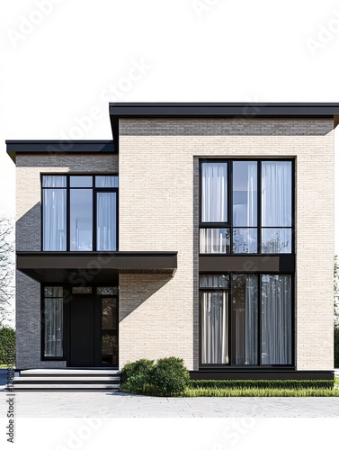 Modern Home Facade  A contemporary architectural design showcases a minimalist facade with clean lines  large windows  and a striking color palette.