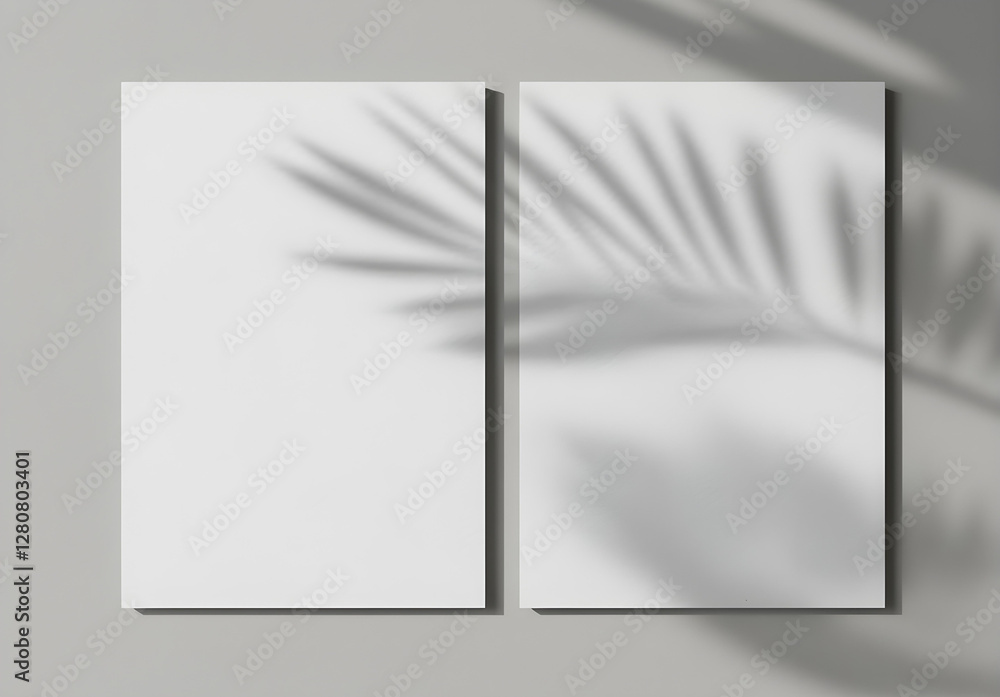 Two vertical sheets of textured white paper on a soft gray table background. A mockup overlay with plant shadows, where natural light casts exotic plant silhouettes. Horizontal composition.