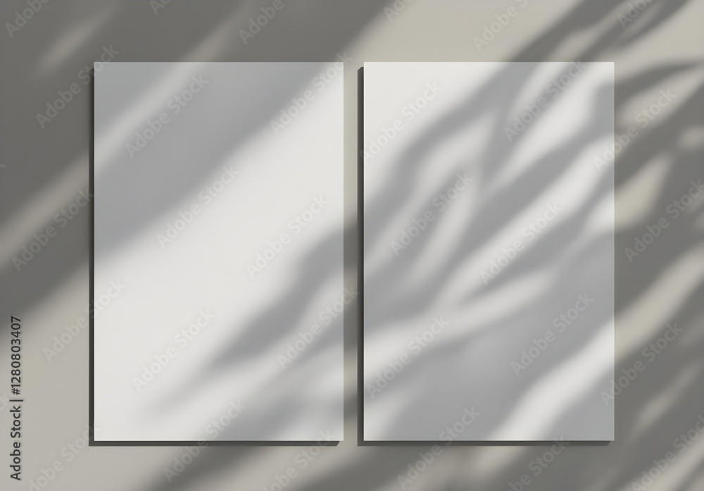 Two vertical sheets of textured white paper on a soft gray table background. A mockup overlay with plant shadows, where natural light casts exotic plant silhouettes. Horizontal composition.