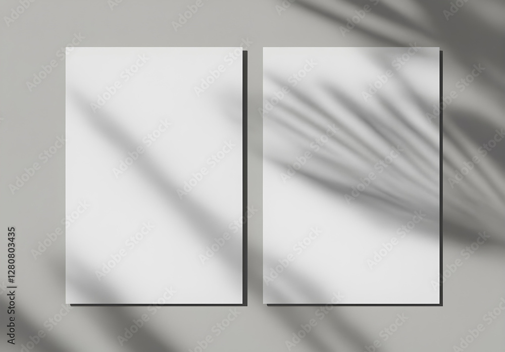 Two vertical sheets of textured white paper on a soft gray table background. A mockup overlay with plant shadows, where natural light casts exotic plant silhouettes. Horizontal composition.