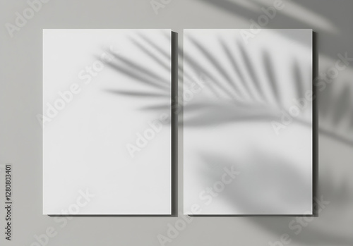 Obraz na płótnie Two vertical sheets of textured white paper on a soft gray table background. A mockup overlay with plant shadows, where natural light casts exotic plant silhouettes. Horizontal composition. w salonie
