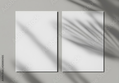 Obraz na płótnie Two vertical sheets of textured white paper on a soft gray table background. A mockup overlay with plant shadows, where natural light casts exotic plant silhouettes. Horizontal composition. w salonie