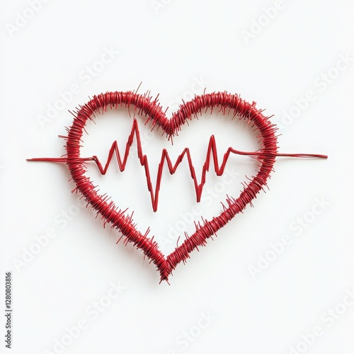 A heart-shaped wire sculpture with a heartbeat line running through it. A simple yet striking image representing health and well-being. photo