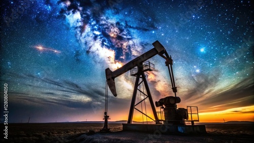 Starry sky illuminates a nocturnal oil field; pump jacks rhythmically extract energy beneath the vast expanse.