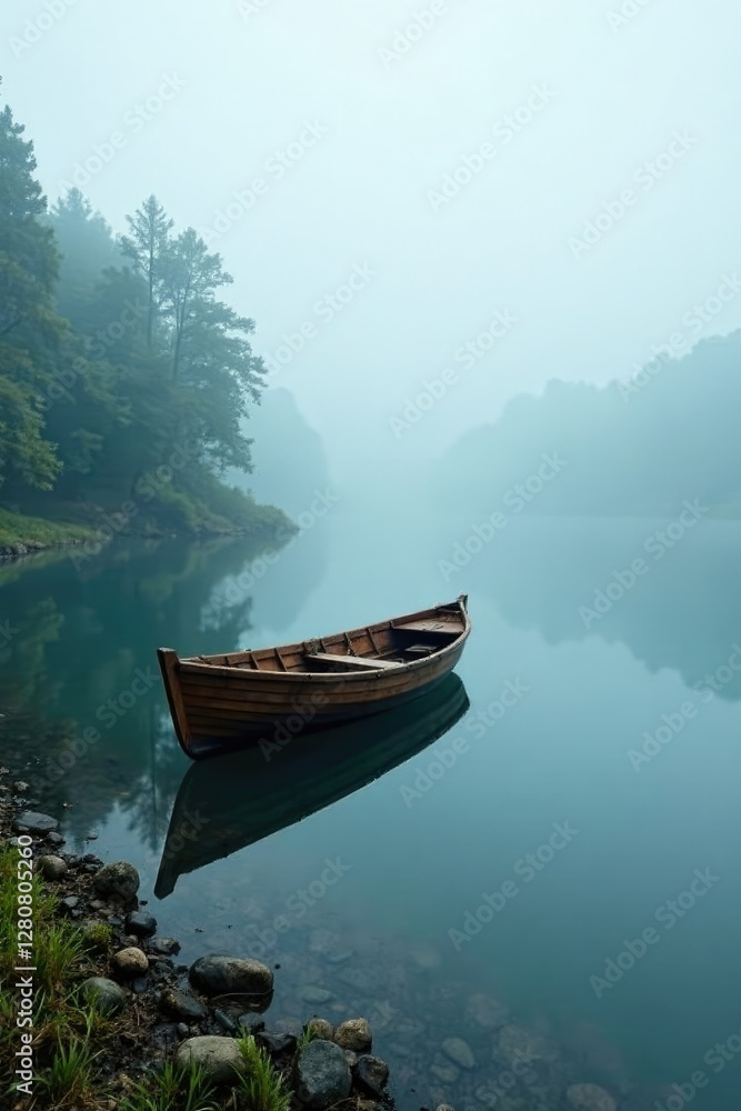 Foggy lake with a small wooden boat on the shore, mirror, scenery Foggy lake with a small wooden boat on the shore, mirror, scenery
