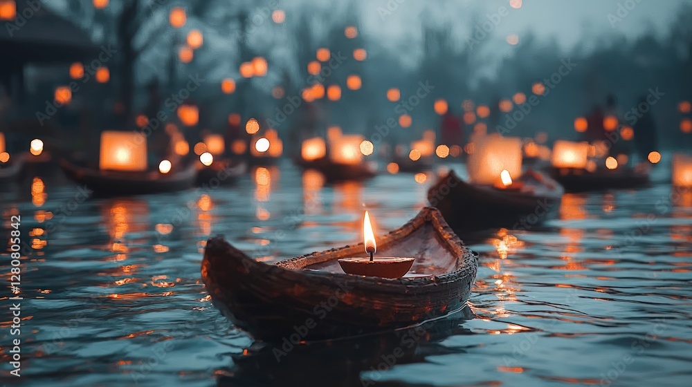 Fototapeta premium Serene Floating Lanterns Calm Water Candlelight Festival