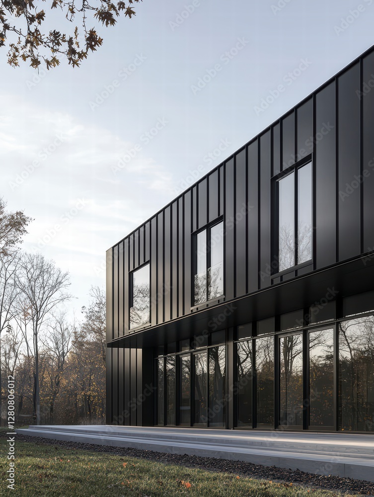 Fototapeta premium A striking contemporary building with sleek black facade, glass windows, and a minimalist aesthetic. A perfect fusion of nature and design