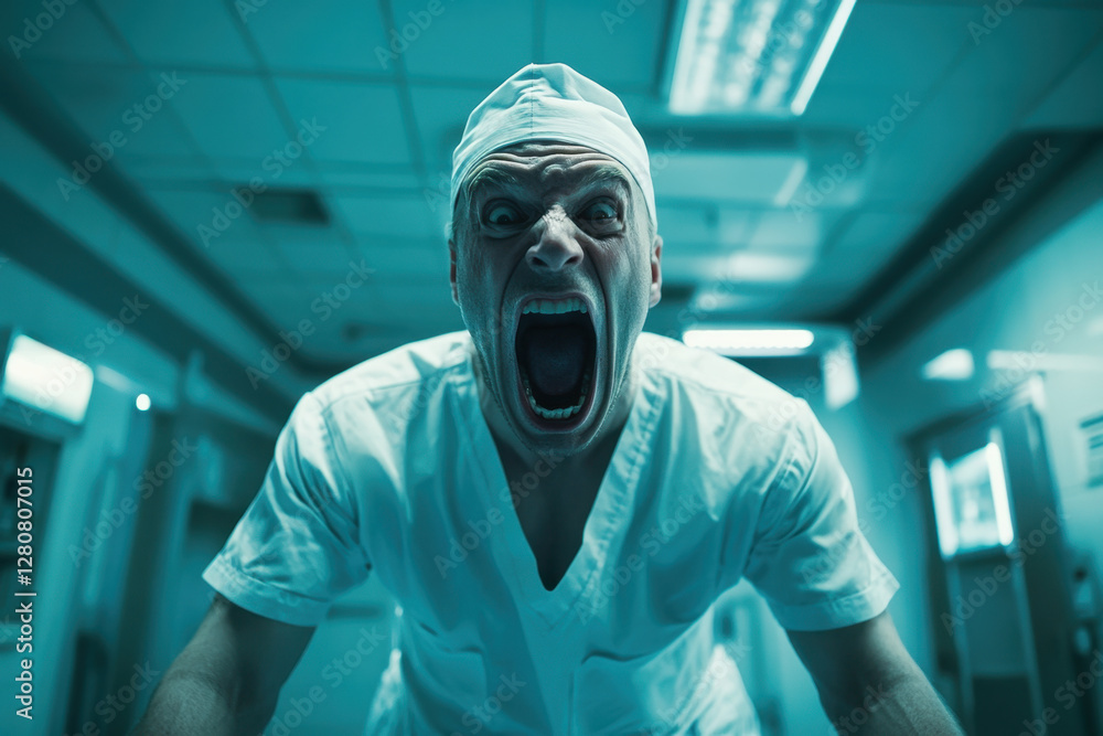 A demon doctor in scrubs screams menacingly in a dim hospital hallway, creating a chilling atmosphere A demon doctor in scrubs screams menacingly in a dim hospital hallway, creating a chilling atmosphere