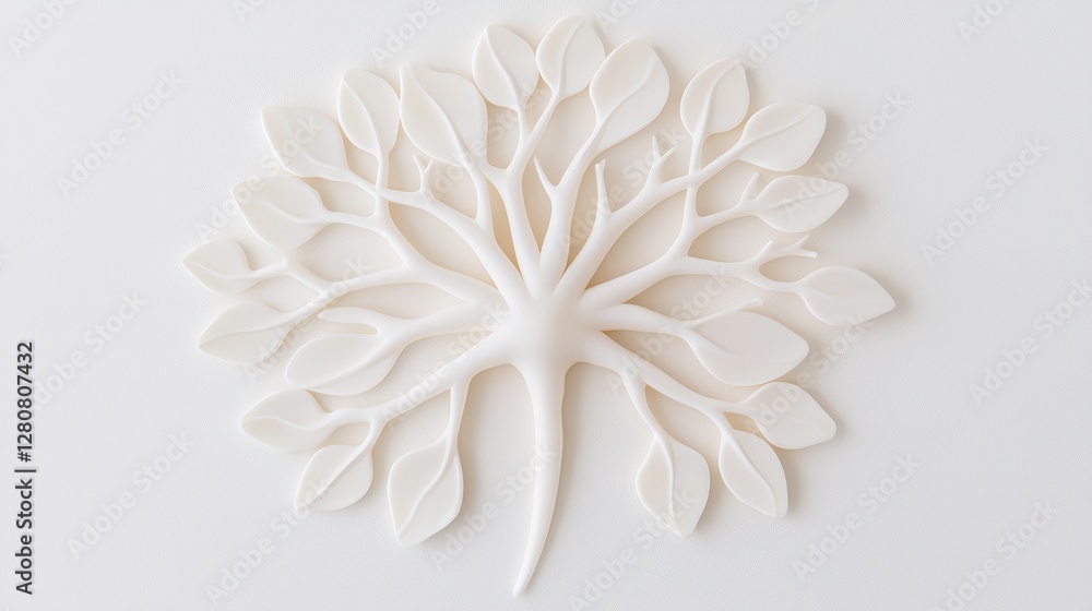 A serene, white tree sculpture with intricate leaves, symbolizing nature and growth, set against a minimalistic background. A serene, white tree sculpture with intricate leaves, symbolizing nature and growth, set against a minimalistic background.