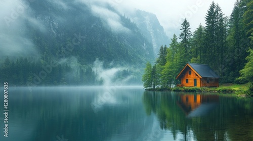 Misty mountain lake cabin reflection serenity postcard