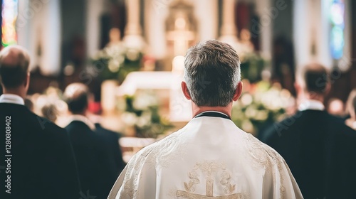 Catholic priest in a cassock standing solemnly in church, offering a prayer or performing a religious service, symbolizing faith, devotion, and spirituality in a sacred setting. photo