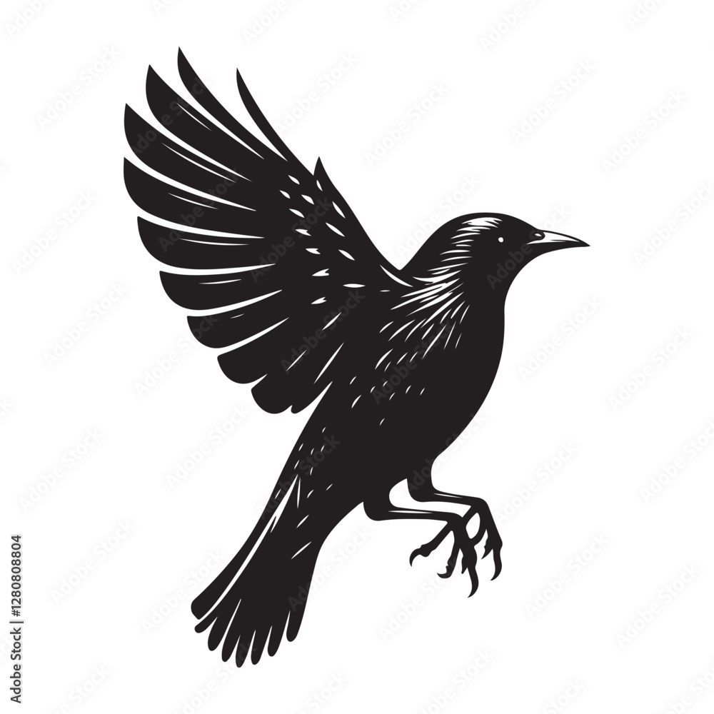 Obraz premium Starling bird Silhouette Vector Illustration, Solid White Background.
