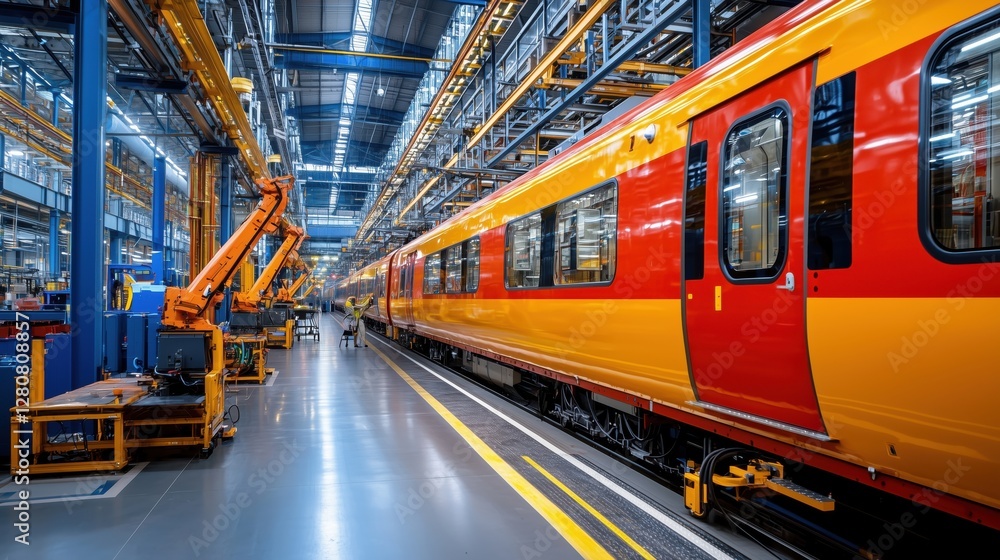 Obraz premium Brightly Colored High-Speed Train Interior with Advanced Machinery in Modern Railway Facility