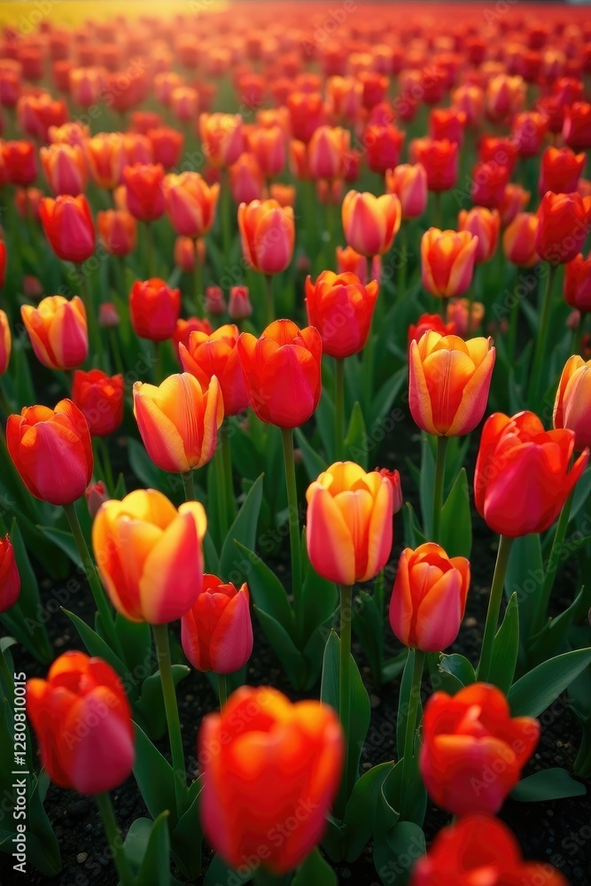 Overhead shot of a field filled with blooming tulips, , spring flowers Overhead shot of a field filled with blooming tulips, , spring flowers