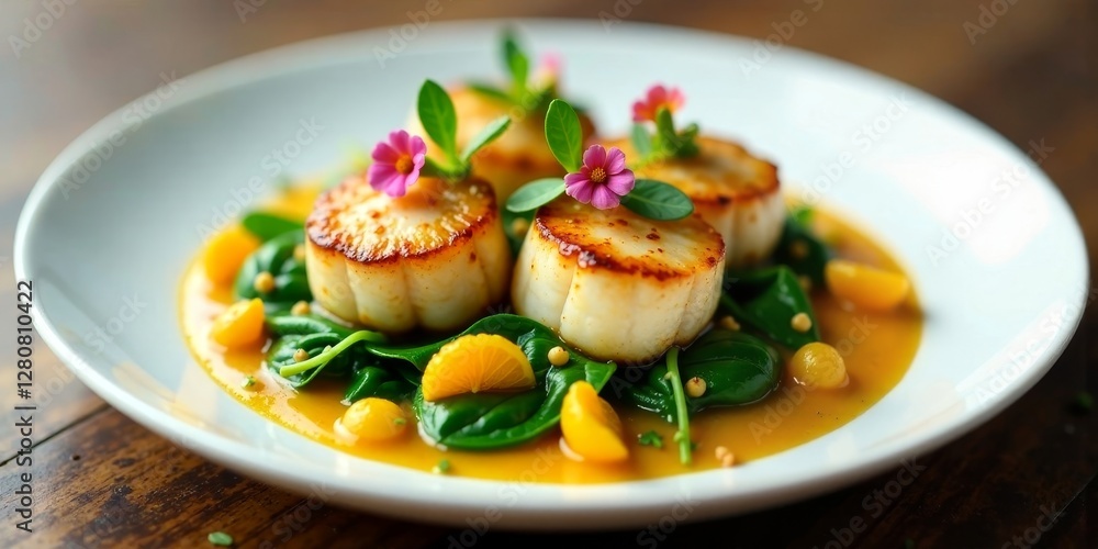 Elegant Seared Scallops with Citrus Sauce and Spinach Garnish on a White Plate Elegant Seared Scallops with Citrus Sauce and Spinach Garnish on a White Plate