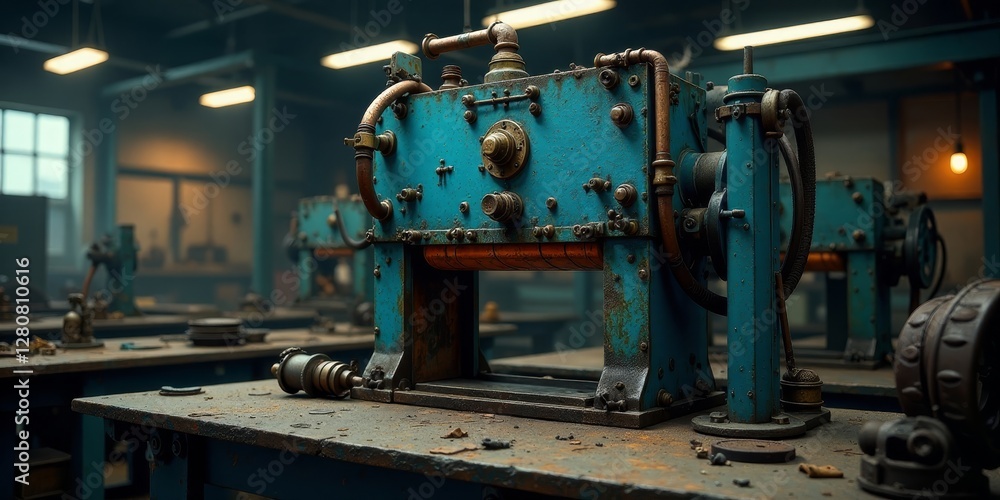 A weathered teal industrial machine sits on a rusted workbench in a dimly lit workshop, surrounded by remnants of past projects, hinting at a history of craftsmanship and hard work. A weathered teal industrial machine sits on a rusted workbench in a dimly lit workshop, surrounded by remnants of past projects, hinting at a history of craftsmanship and hard work.