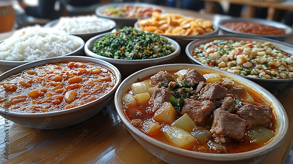 Diverse African Dishes Served on Wooden Table Diverse African Dishes Served on Wooden Table