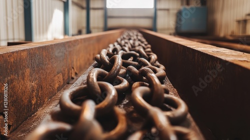 Rustic Steel Chains on Industrial Beam in Warehouse Setting photo