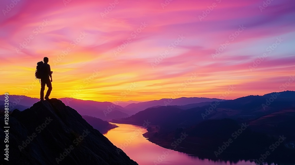 Obraz premium A silhouetted hiker stands atop a mountain, gazing at a vibrant sunset reflecting on a winding river. solo travel adventure experience self-discovery experience.