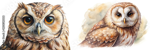 Realistic owl portraits, vibrant watercolor style, detailed feathers, nature illustration, wildlife art, artistic prints.