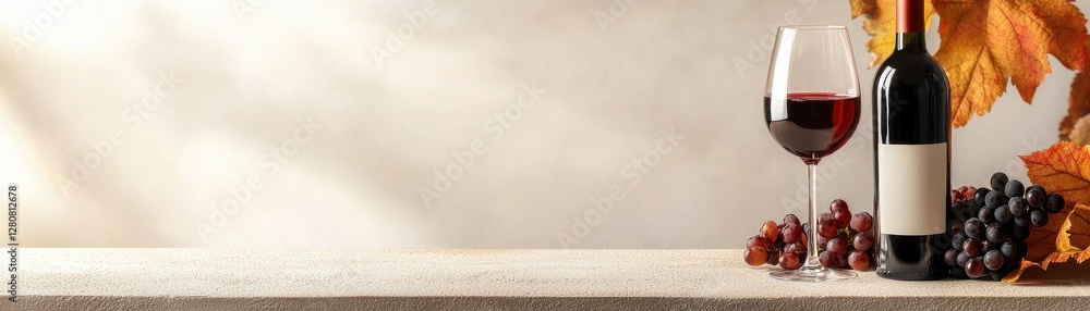 Obraz premium Elegant display of red wine bottle with glass, grapes, and autumn leaves on rustic table background