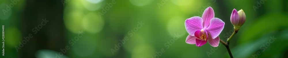 Single pink orchid unfurls its petals on a forest tree, blossom, bloom, greenery Single pink orchid unfurls its petals on a forest tree, blossom, bloom, greenery