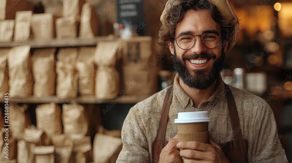 A joyful man with curly hair and a beard, holding a coffee cup in a cozy cafe filled with paper bags. His warm smile reflects his friendly nature. A joyful man with curly hair and a beard, holding a coffee cup in a cozy cafe filled with paper bags. His warm smile reflects his friendly nature.