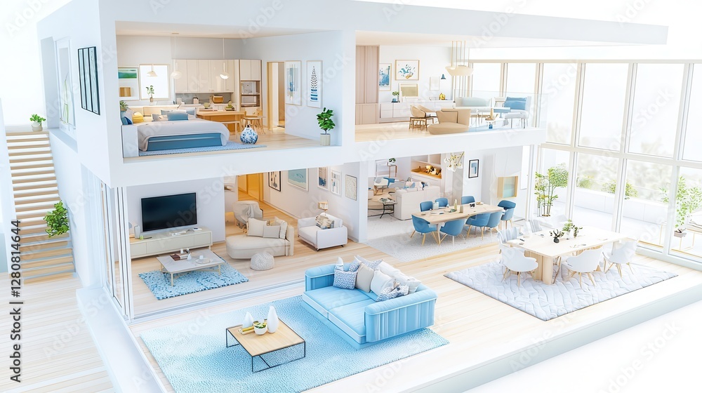 Fototapeta premium Modern open-concept home interior with bright, airy spaces and stylish furnishings.