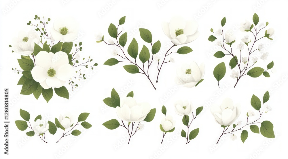 Obraz premium Elegant Magnolia Blossoms Floral Illustrations White Flowers Green Leaves Botanical Ar