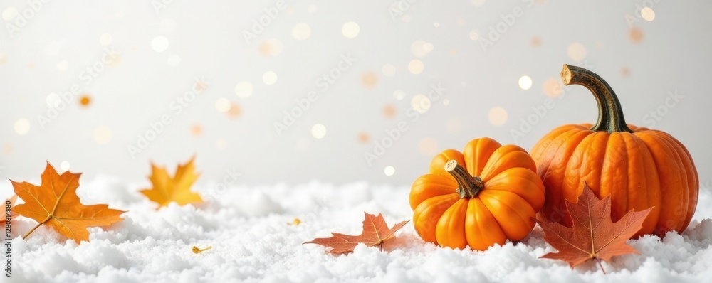 Naklejka premium Small autumn pumpkins scattered on a snowy white background, pumpkin, decoration
