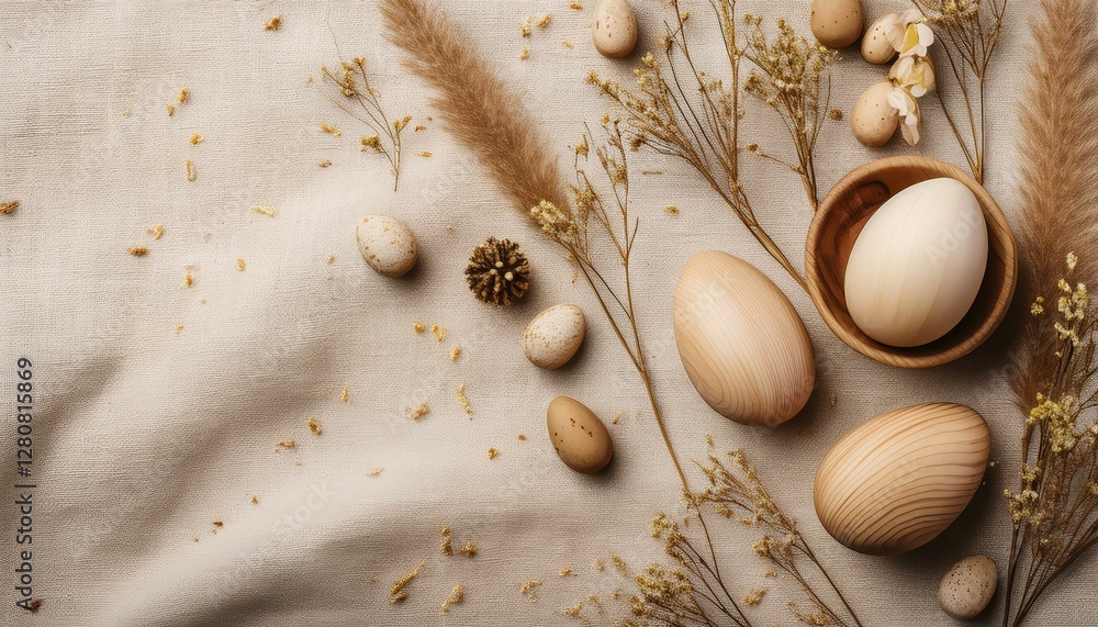 Rustic Easter pattern with a linen-textured background, wooden eggs, dried flowers, and subtle earthy tones, creating a warm, natural ambiance for the holiday. Rustic Easter pattern with a linen-textured background, wooden eggs, dried flowers, and subtle earthy tones, creating a warm, natural ambiance for the holiday.