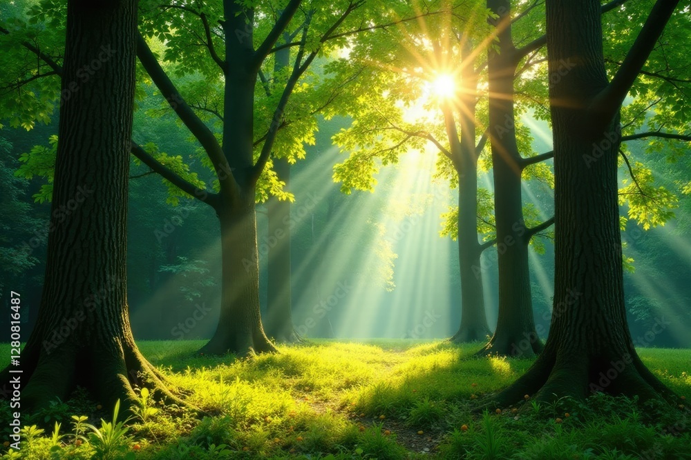 Obraz premium Softly filtering sunlight through towering trees, tree, green, wood