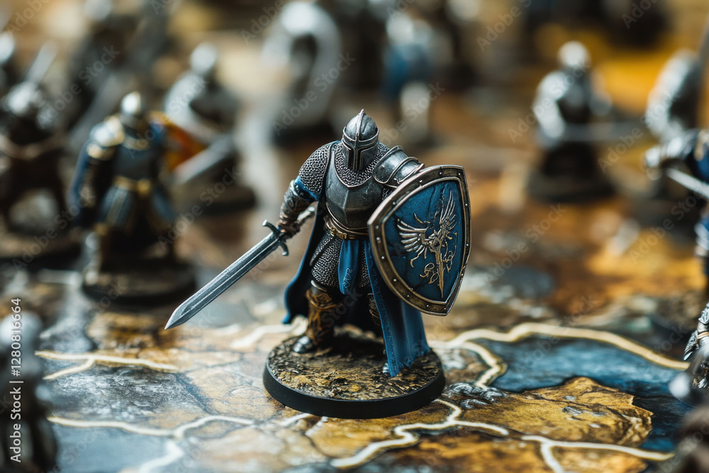 Close-up showcases a knight figurine in full armor, gripping a sword and shield, surrounded by other characters on a vibrant game board Close-up showcases a knight figurine in full armor, gripping a sword and shield, surrounded by other characters on a vibrant game board