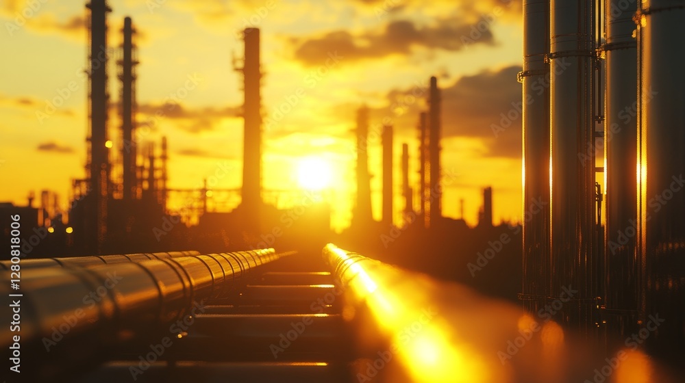 Long oil and gas pipelines stretching through an industrial area at dusk, symbolizing energy infrastructure, transportation, and global fuel supply. Long oil and gas pipelines stretching through an industrial area at dusk, symbolizing energy infrastructure, transportation, and global fuel supply.