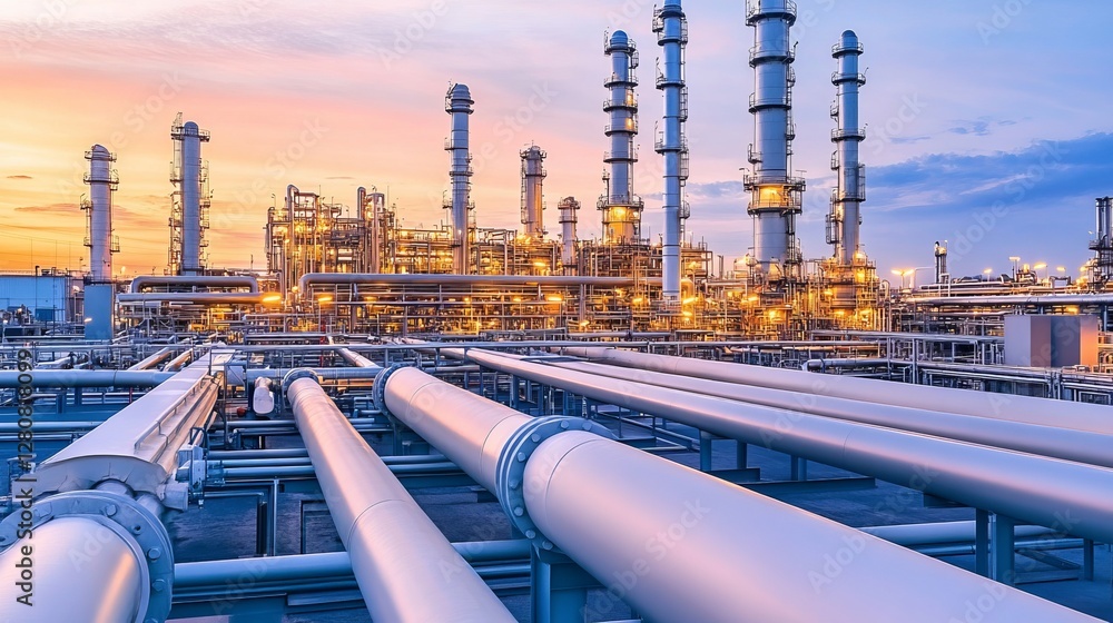 Long oil and gas pipelines stretching through an industrial area at dusk, symbolizing energy infrastructure, transportation, and global fuel supply. Long oil and gas pipelines stretching through an industrial area at dusk, symbolizing energy infrastructure, transportation, and global fuel supply.