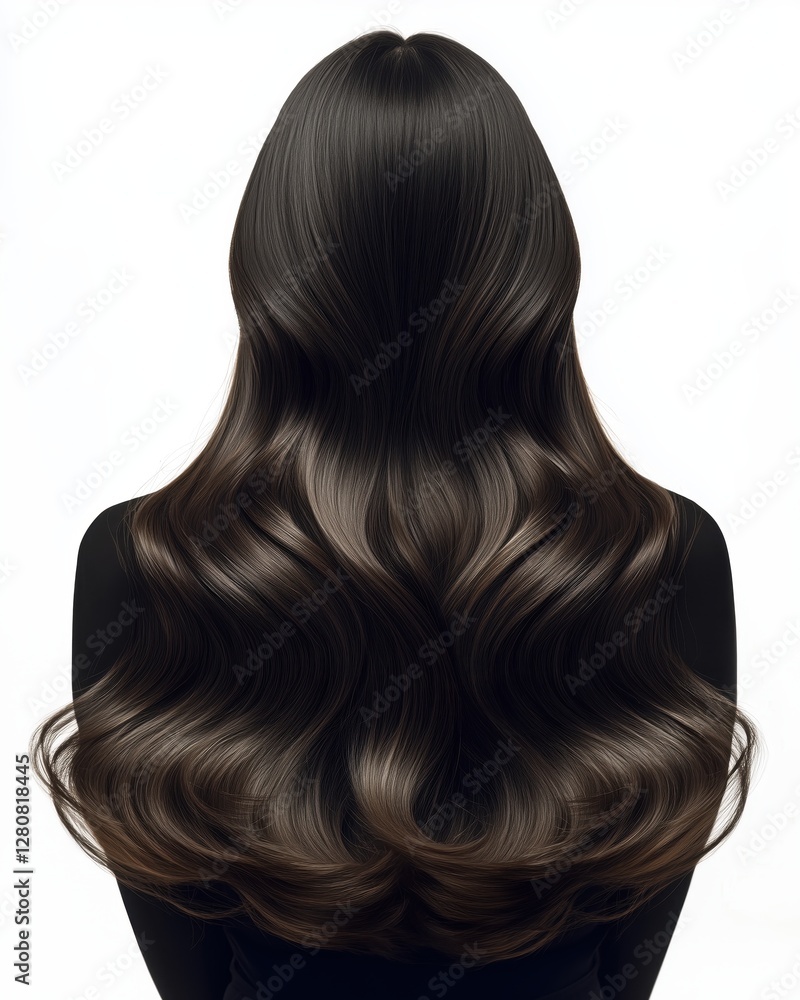 Fototapeta premium Back View of Long Black Wavy Hair on White Background