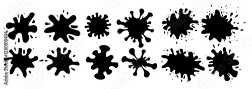 Vector set of black silhouettes of paint drops in cartoon style isolated from background. Collection of ink stains