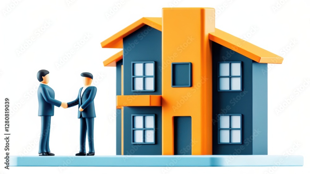 Businessmen Shaking Hands in Front of New House Model Businessmen Shaking Hands in Front of New House Model