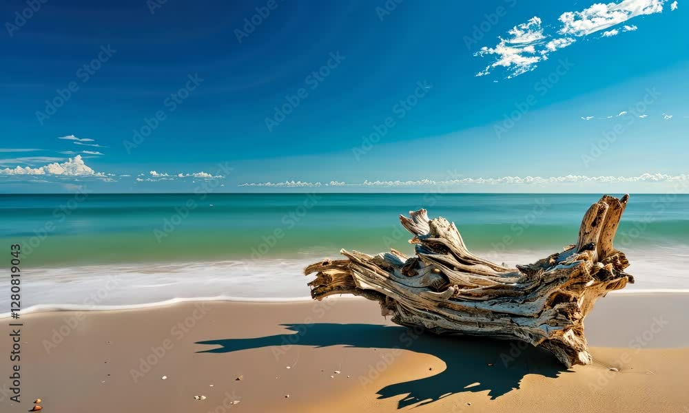 Driftwood on sandy beach against clear blue sky Driftwood on sandy beach against clear blue sky