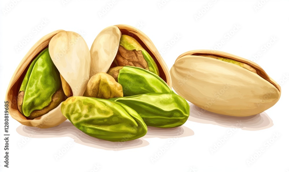 Fototapeta premium Close-up of shelled and unshelled pistachios arranged artistically on a white background