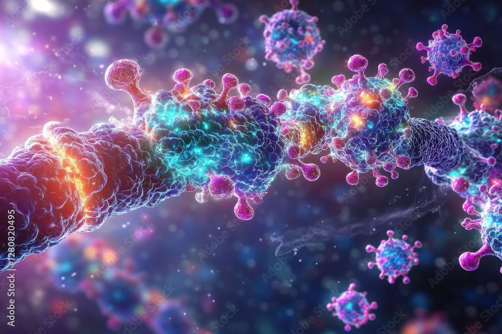 Fototapeta premium Detailed microscopic view of the coronavirus with vibrant colors and intricate structures, showcasing the complexity of the virus at a cellular level.