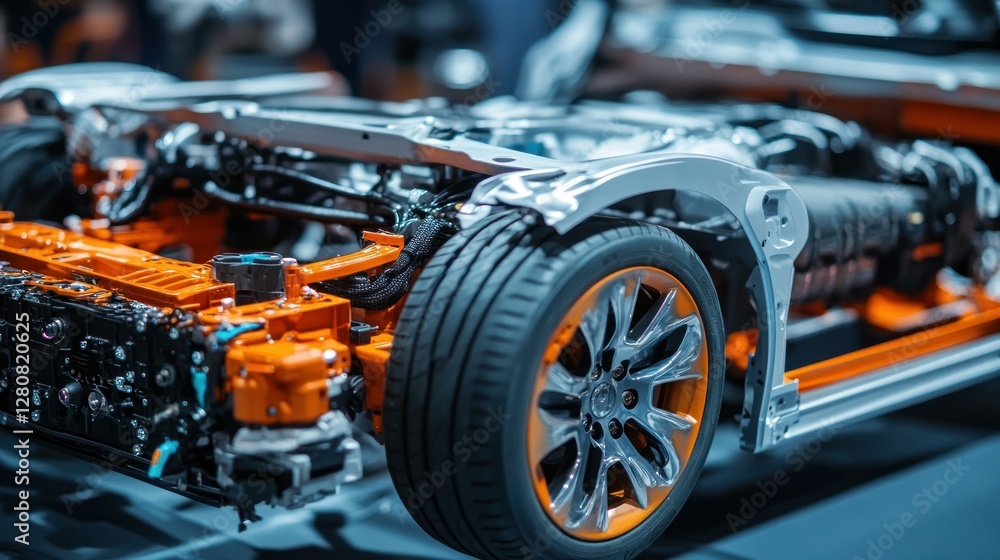 Fototapeta premium Detailed view of an electric vehicle chassis showcasing advanced engineering and design elements