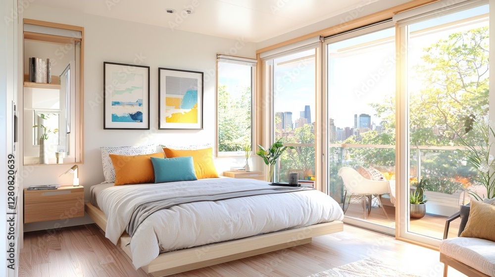 Fototapeta premium Bright, modern bedroom with large windows showcasing greenery and city views.